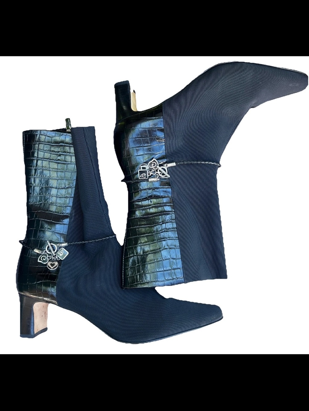VTG Brighton Black Italian Fabric & Leather Silver Charms Boots Heels Womens 8